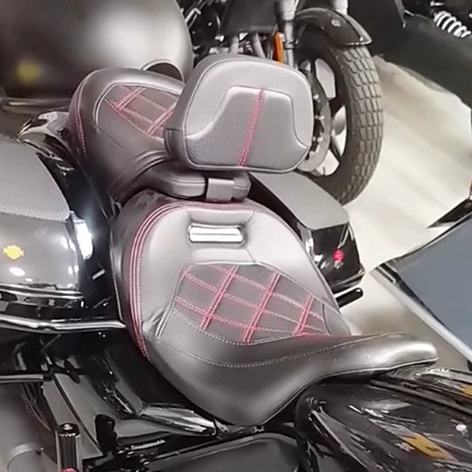 Red stitched rider backrest installed on touring motorcycle