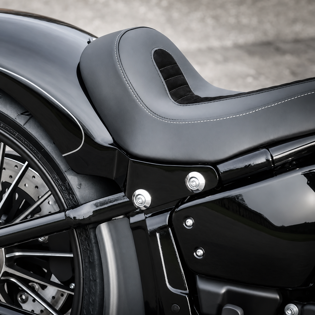 Harley-Davidson Softail Breakout solo seat installed, rear three-quarter view