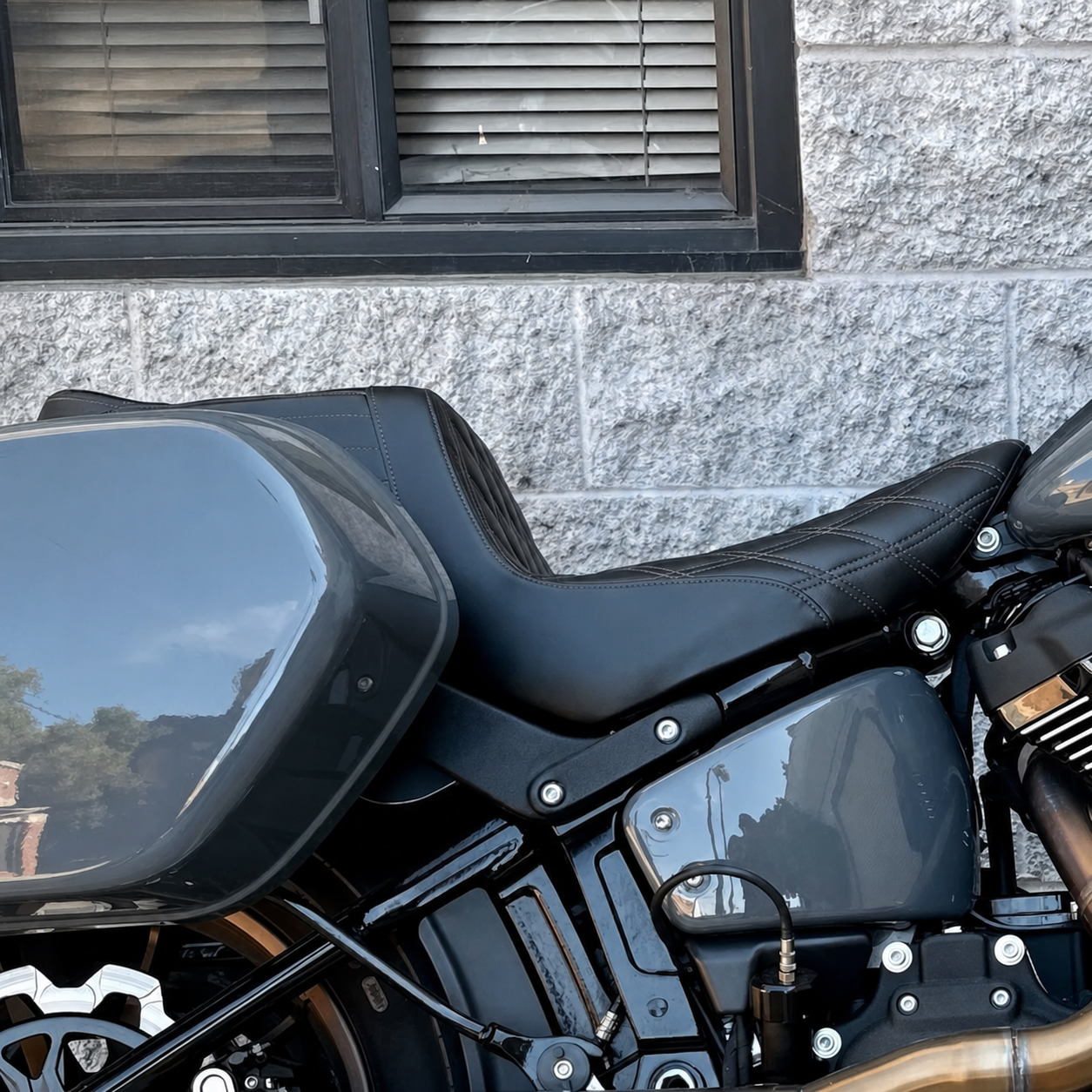 Two-up seat installed on motorcycle