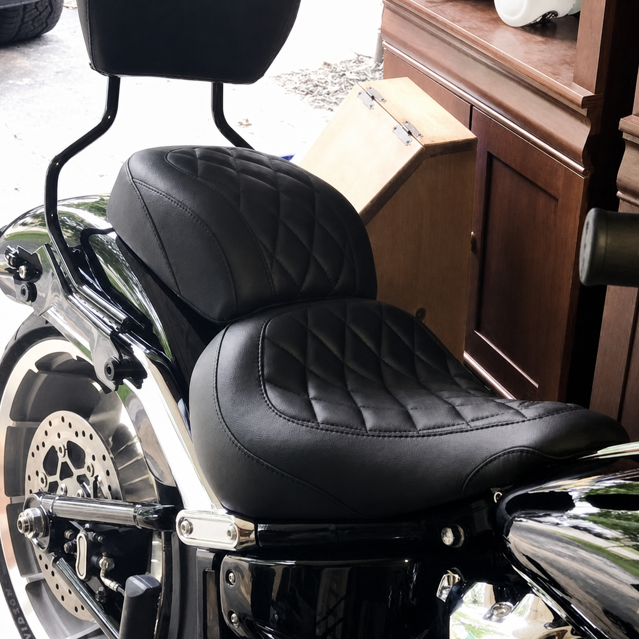 Diamond stitch seats installed on motorcycle