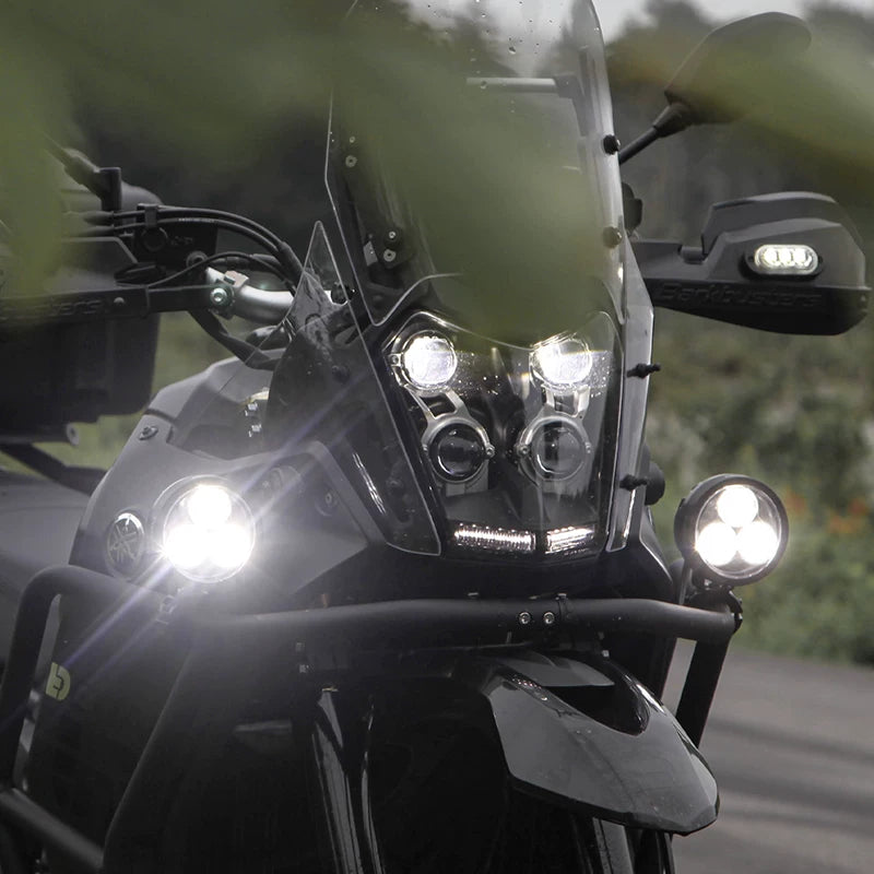 Denali auxiliary lights installed on adventure motorcycle