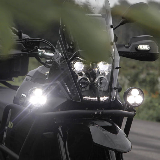 Denali auxiliary lights installed on adventure motorcycle
