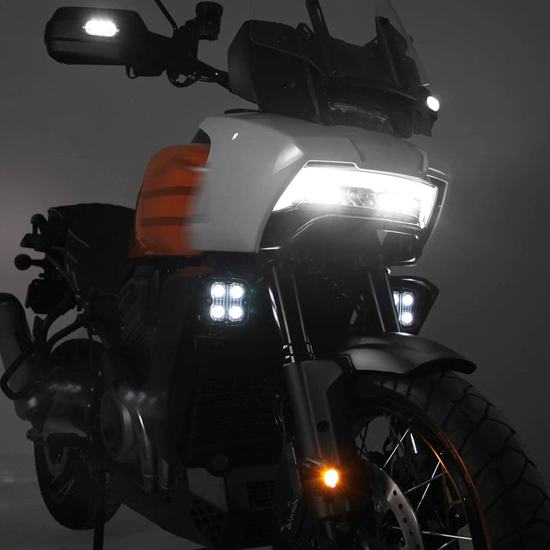 Denali LED auxiliary lighting on touring motorcycle