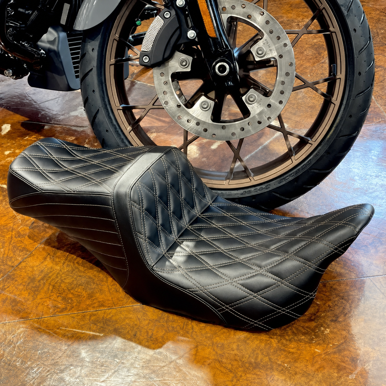 Two-up touring motorcycle seat installed