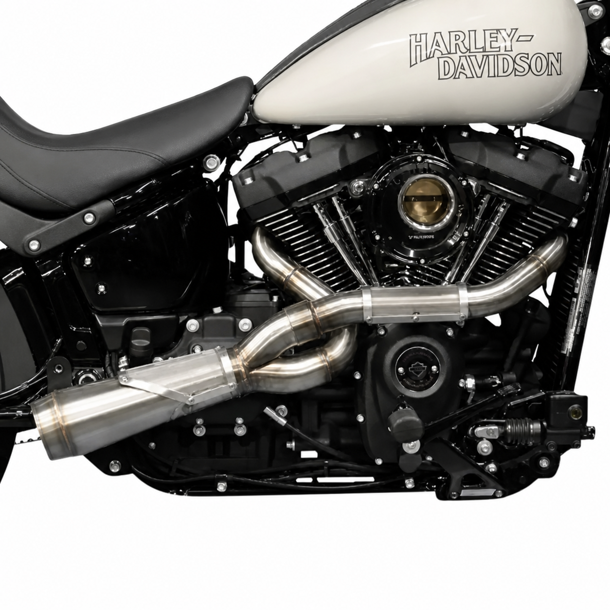 Stainless steel 2-Into-1 exhaust installed on Harley-Davidson Softail