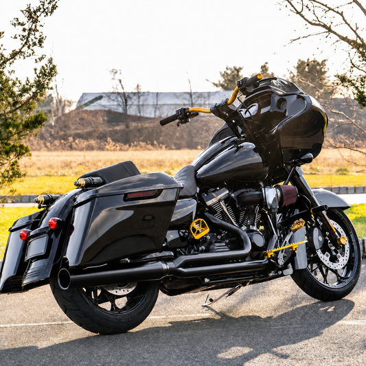 Black and gold custom touring motorcycle side view