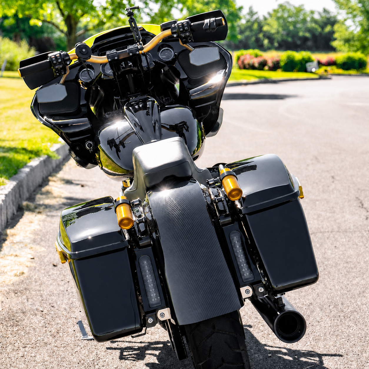 Rear touring motorcycle saddlebag and suspension view