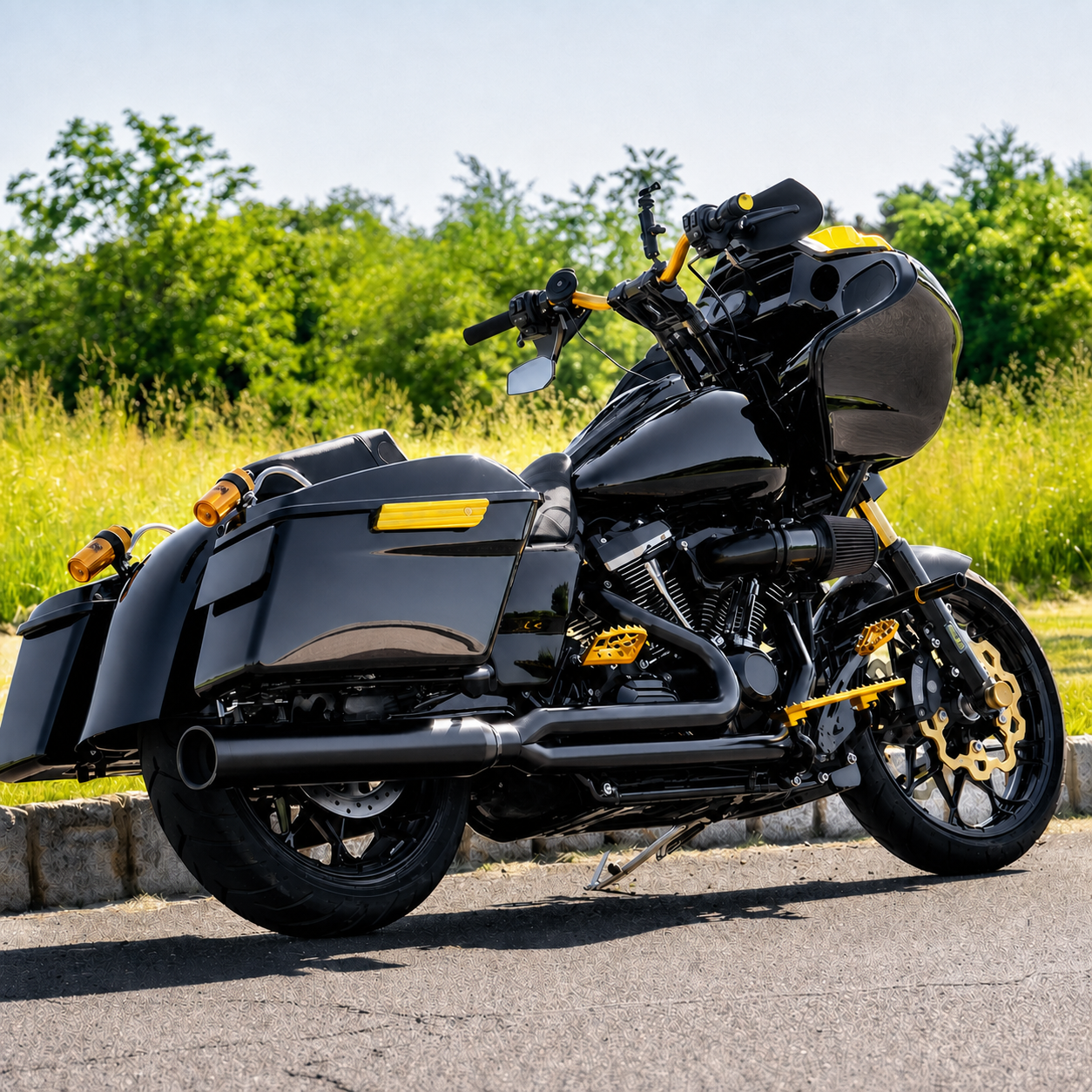 Black and gold touring motorcycle full side view
