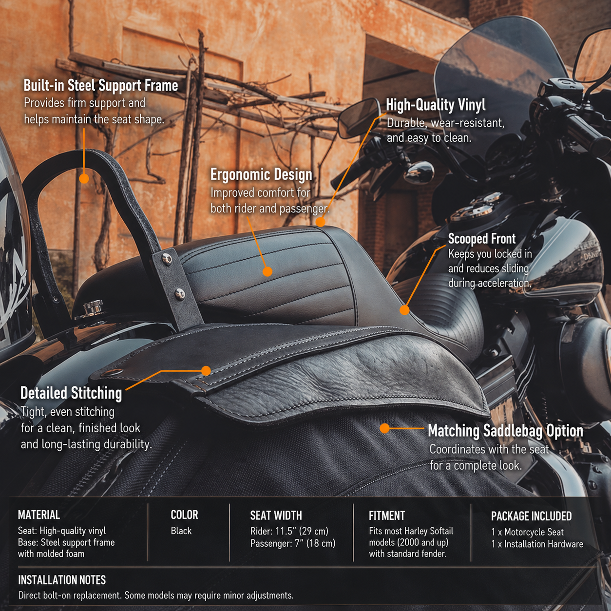 Two-up seat features and specifications
