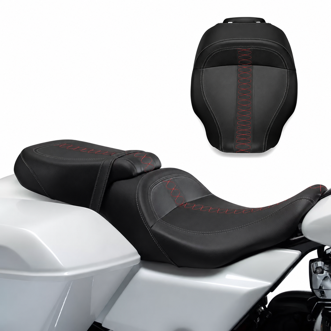 Red stitched split motorcycle seats installed
