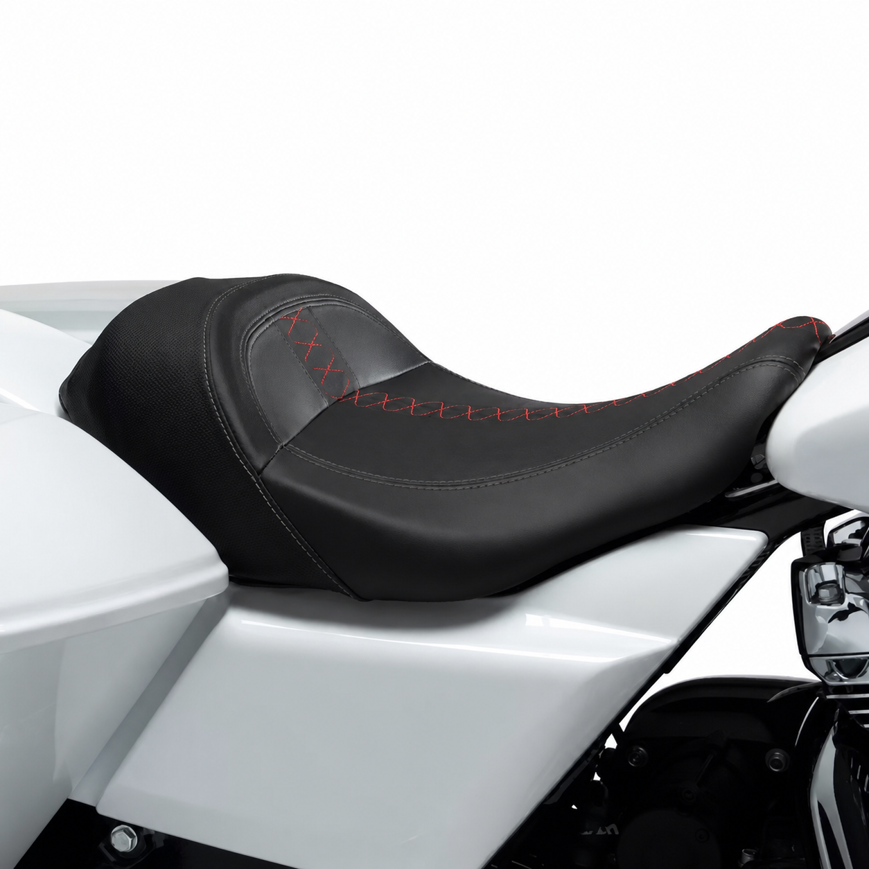 Red stitched front motorcycle seat installed