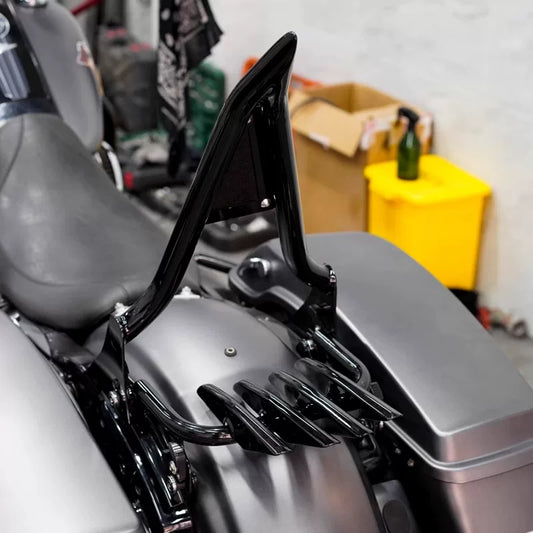 Black luggage rack installed on a compatible Touring motorcycle