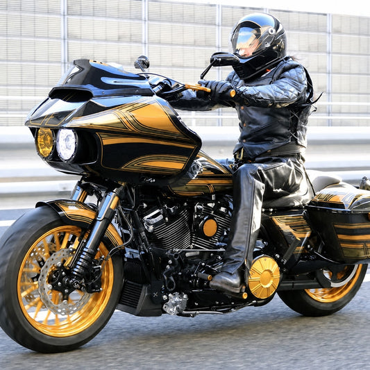 Unbranded black and gold Harley-compatible Road Glide build