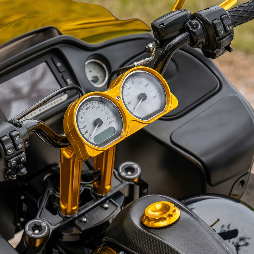 Unbranded black and gold Harley-compatible Road Glide build