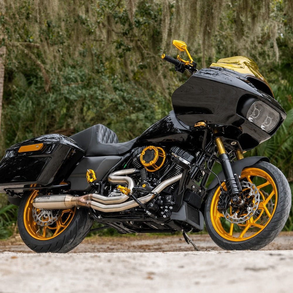 Unbranded black and gold Harley-compatible Road Glide build