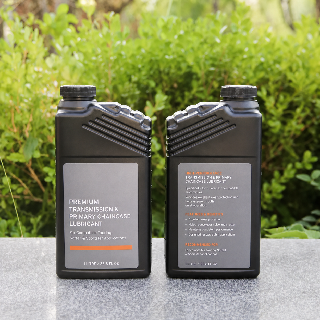Front and rear views of premium motorcycle transmission lubricant