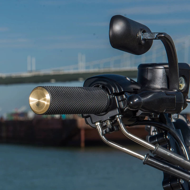 Brass end-cap grip installed on motorcycle