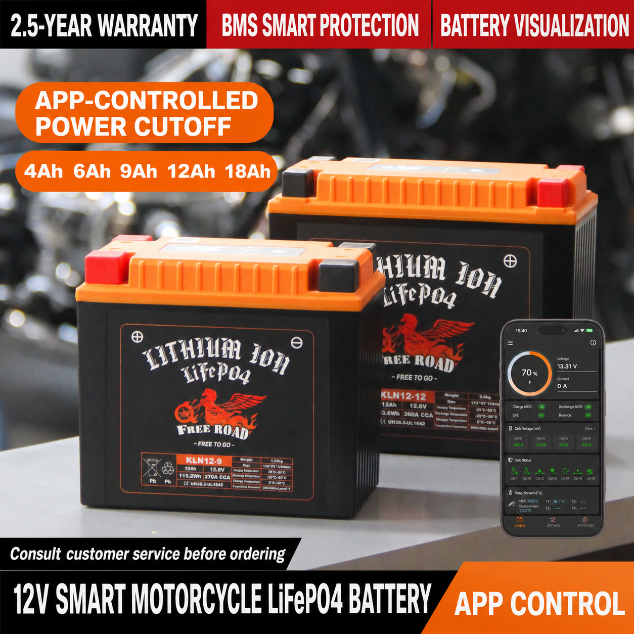 12V smart motorcycle LiFePO4 battery