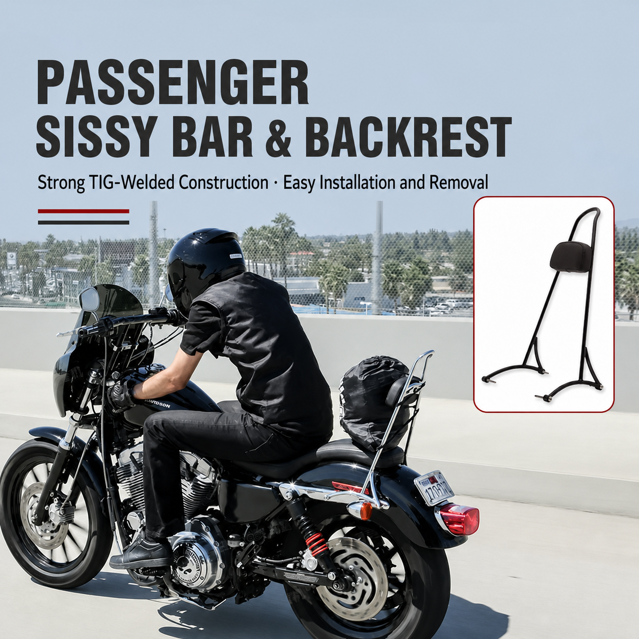 Harley Sportster passenger sissy bar and backrest installed