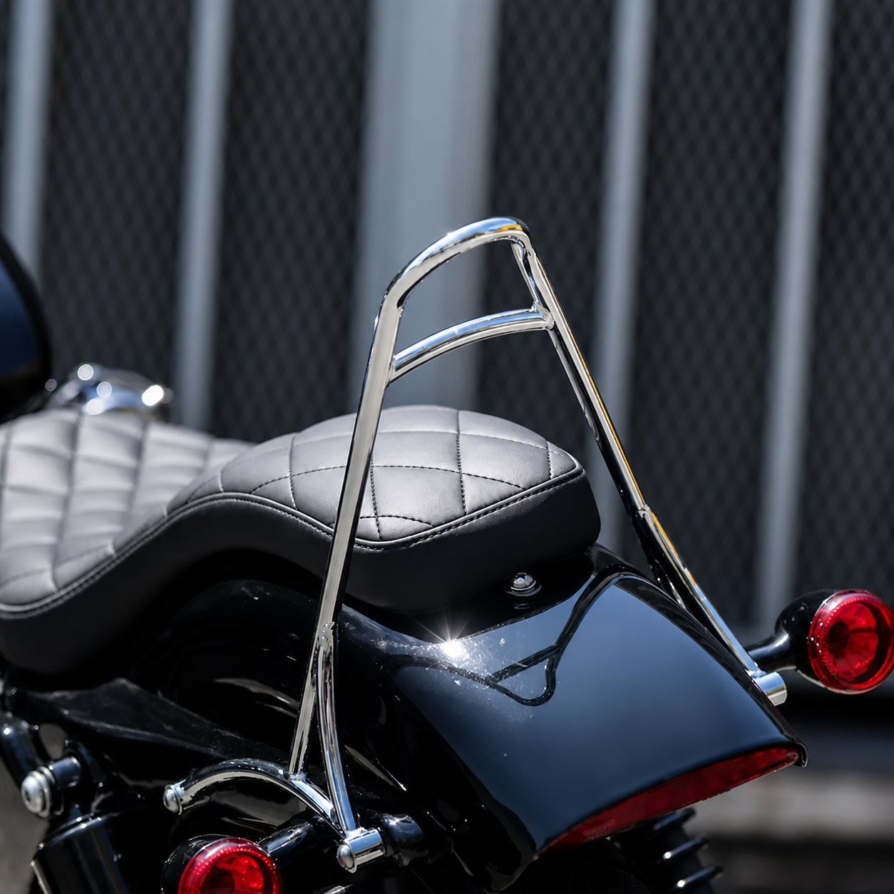 Chrome passenger sissy bar on Harley Sportster