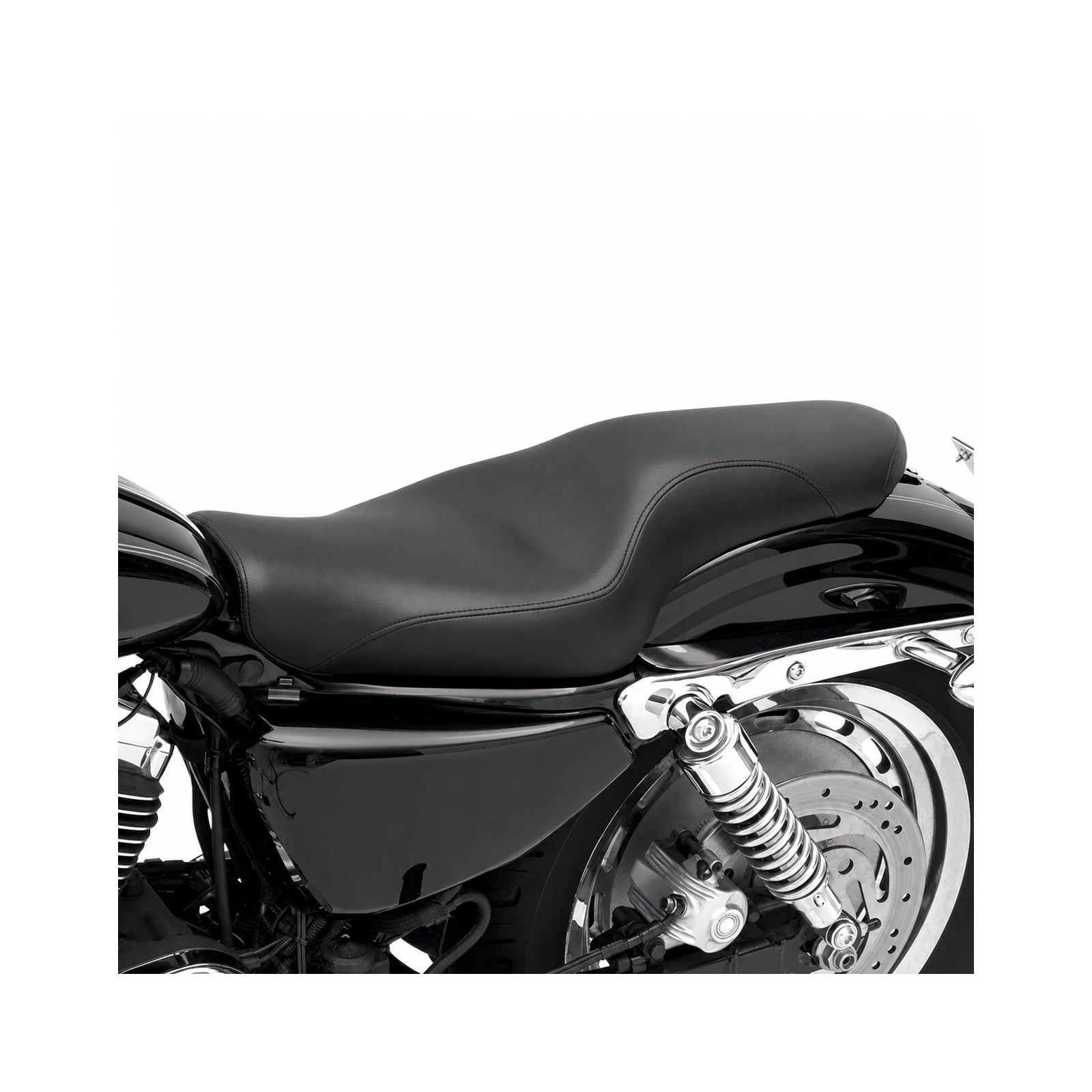 Black streamlined two-up seat on motorcycle