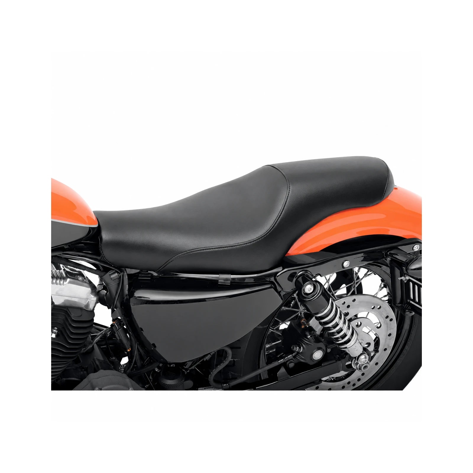 Two-up seat installed on orange motorcycle