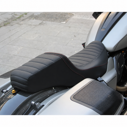 Black two-up touring motorcycle seat installed