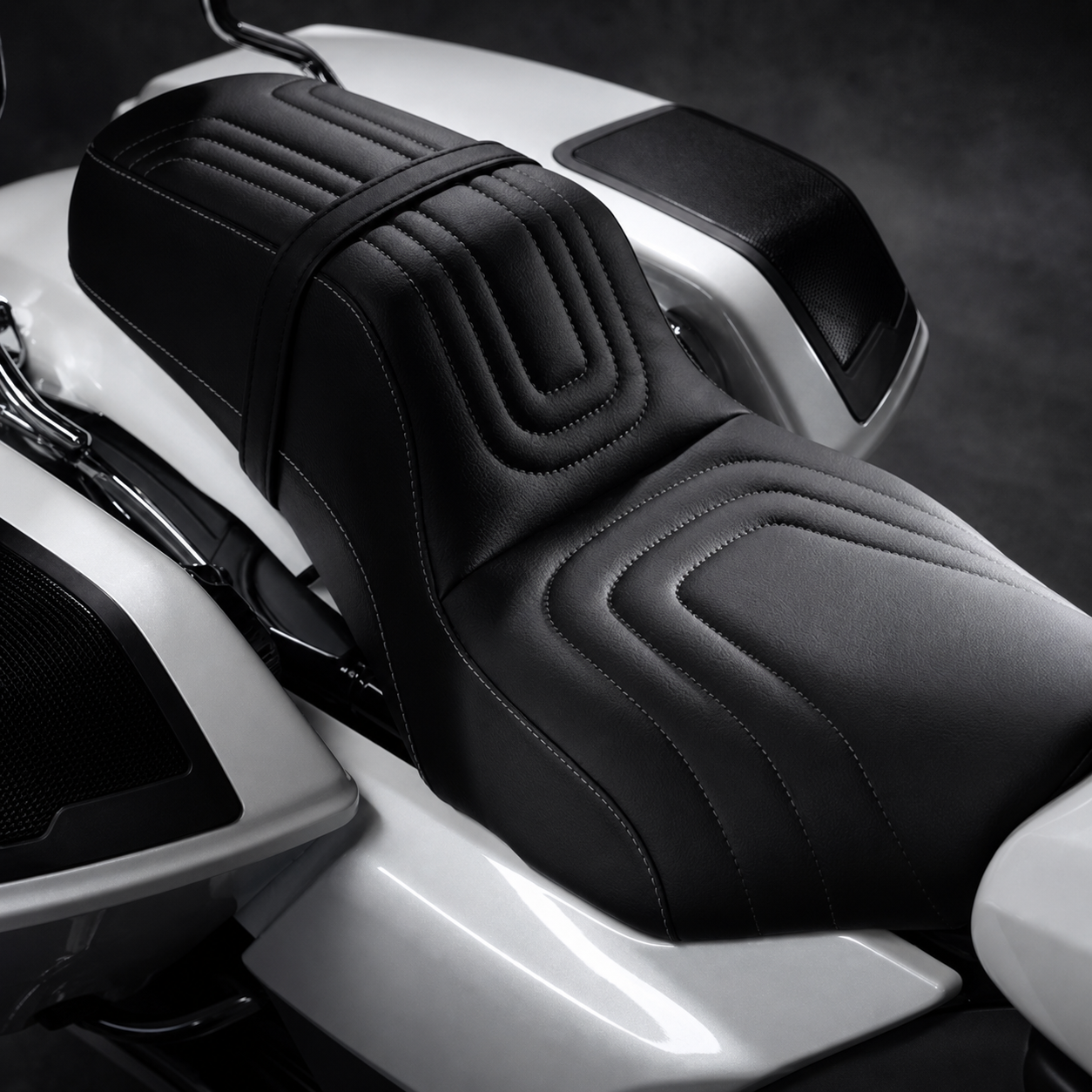 Contoured two-up motorcycle seat with stitched panels