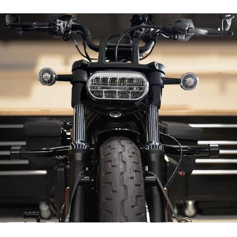 Stunt crash bar installed at the front of a compatible motorcycle