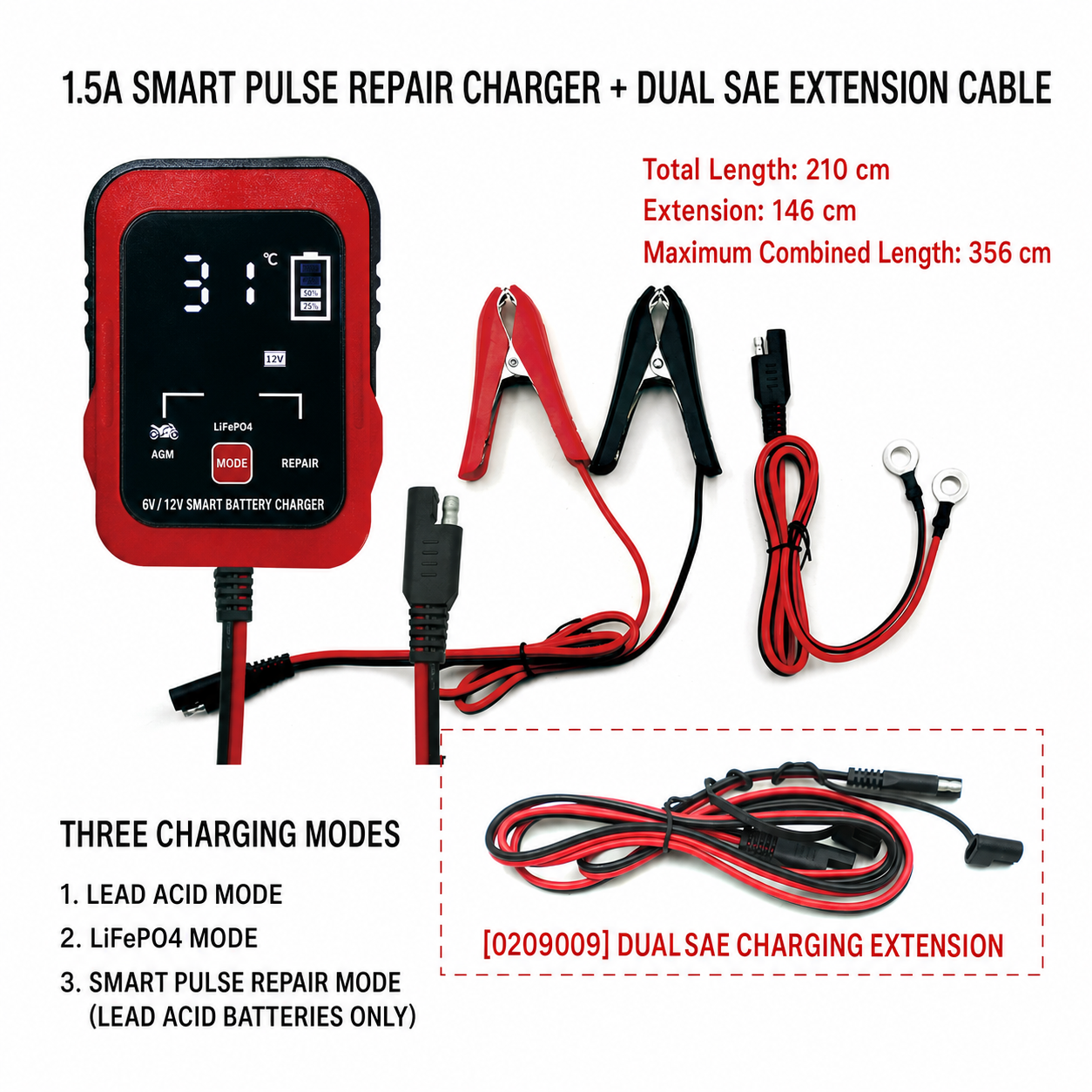 1.5A pulse charger with dual SAE extension cable