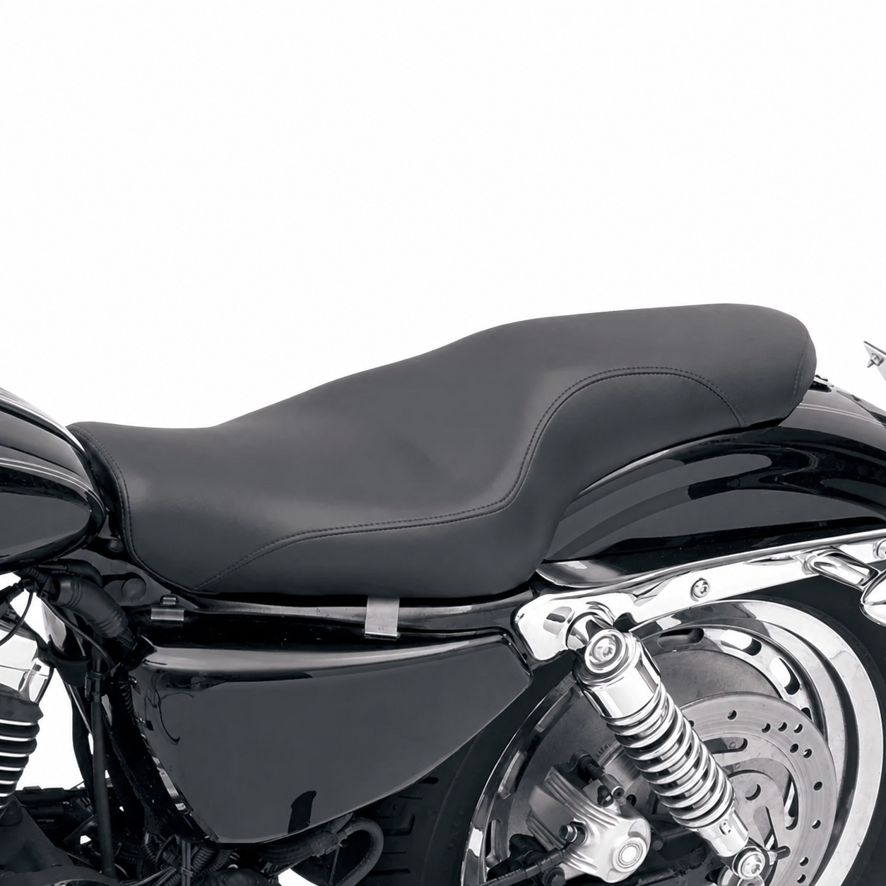 Two-up seat installed on black motorcycle