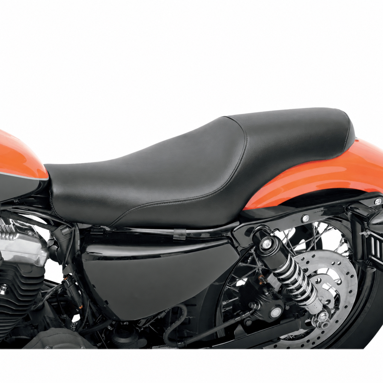 Two-up seat installed on orange motorcycle