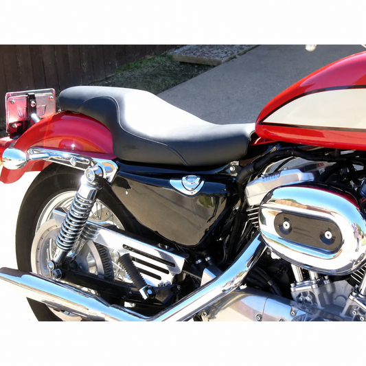 Two-up seat installed on red motorcycle