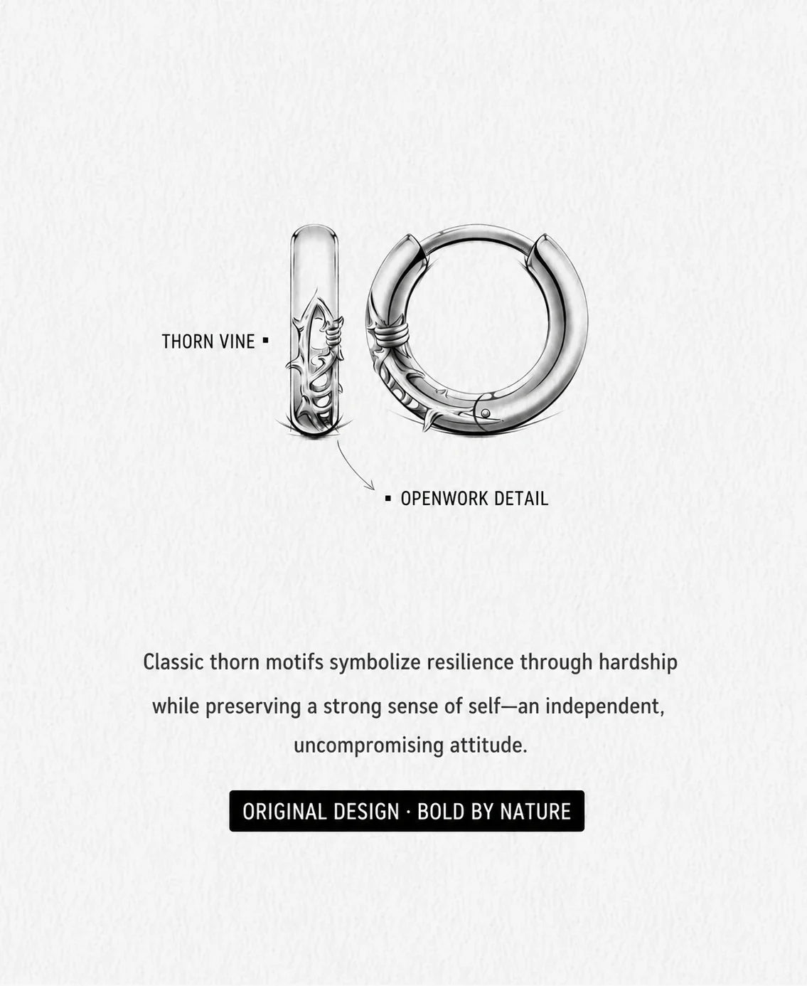 Thorn vine hoop earrings design sketch and openwork detail