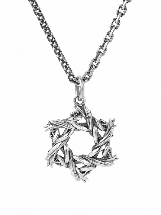 Thorn wrapped hexagram sterling silver biker pendant with chain