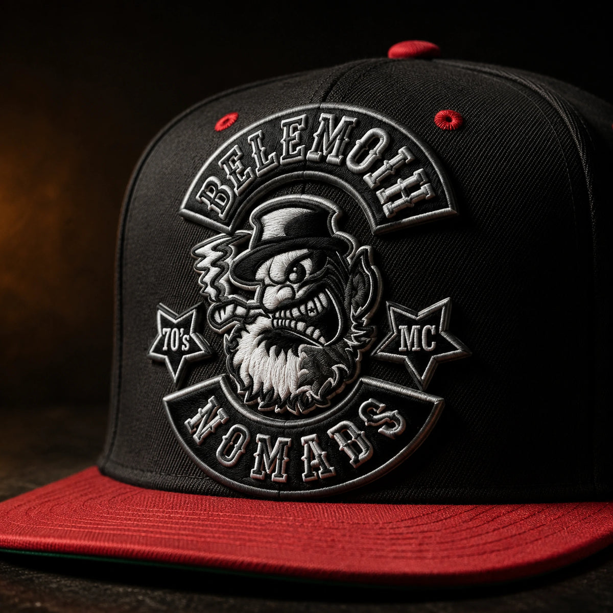 A black-red motorcycle club flat-brim cap features raised 3D puff embroidery with visible depth.