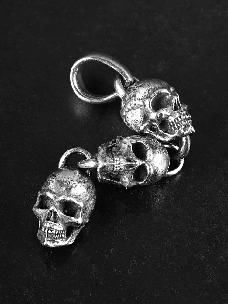 Three linked skulls sterling silver biker pendant sculpted detail