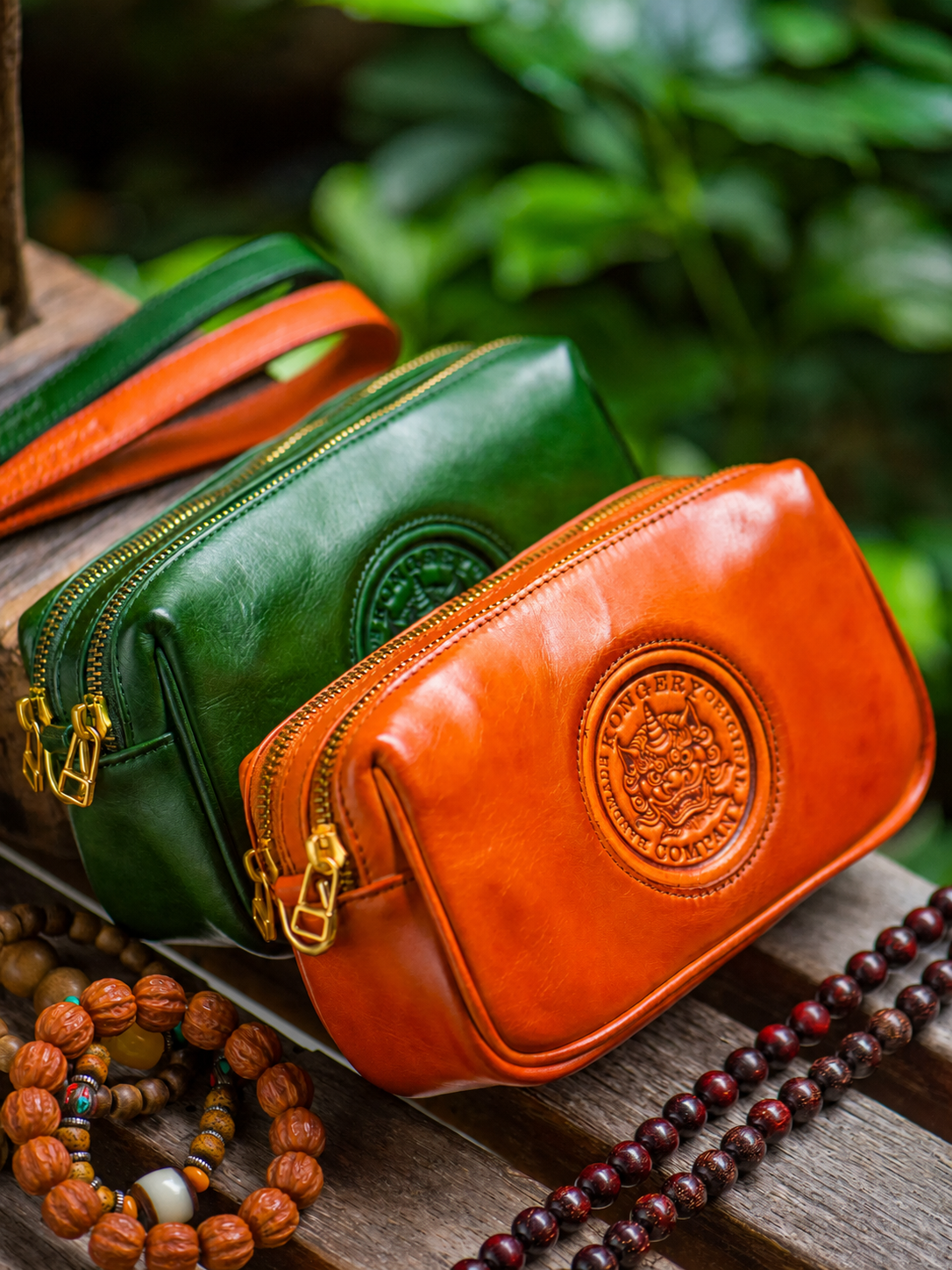 red-brown and emerald green double-layer leather biker clutch wallets