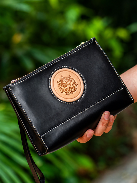 black Tianlu Pixiu full-grain leather biker crossbody clutch handheld