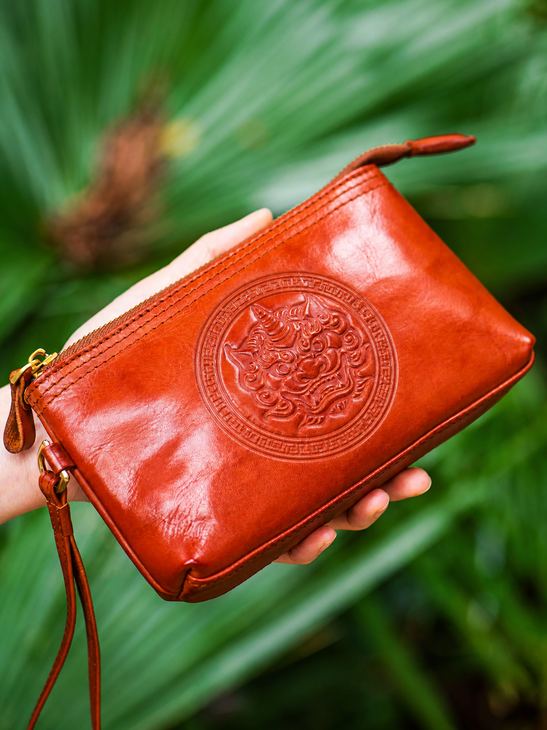 red-brown full-grain leather biker wristlet wallet handheld