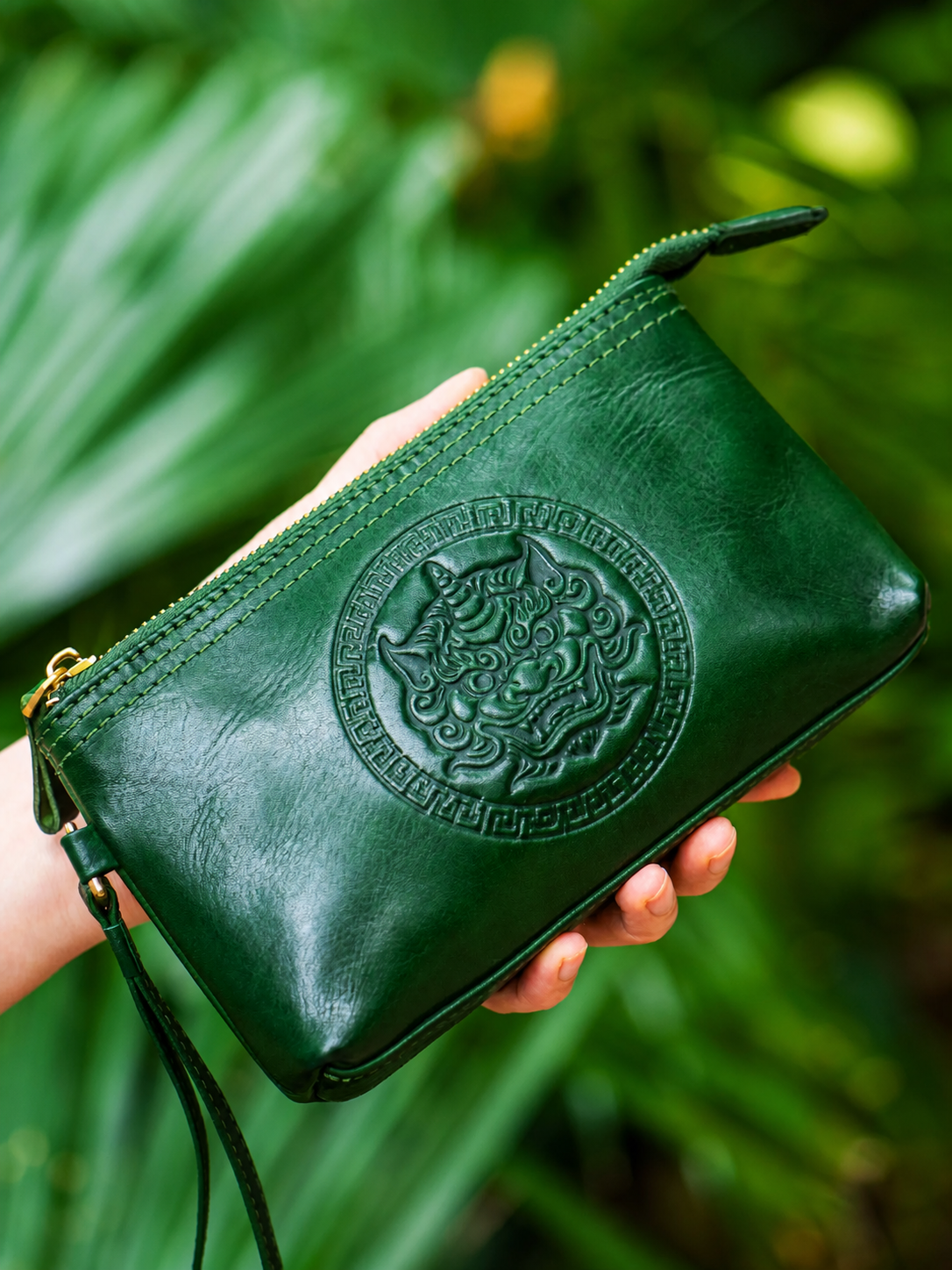 emerald green full-grain leather biker wristlet wallet handheld