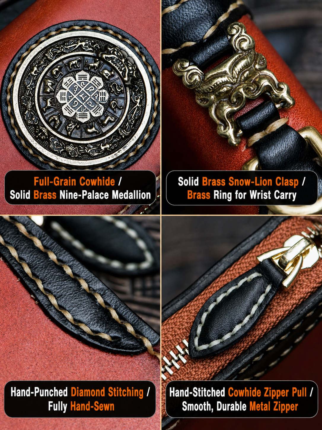 Nine-Palace leather biker wallet construction and solid brass hardware details