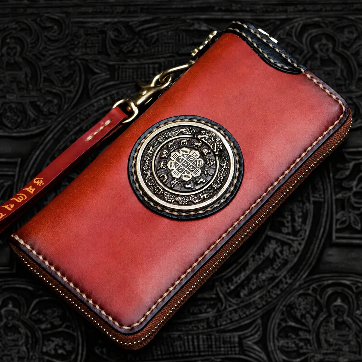 brown full-grain leather Nine-Palace biker wallet variant