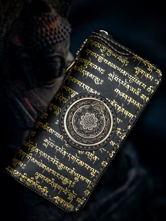 black Tibetan script zodiac medallion top-grain leather biker wallet