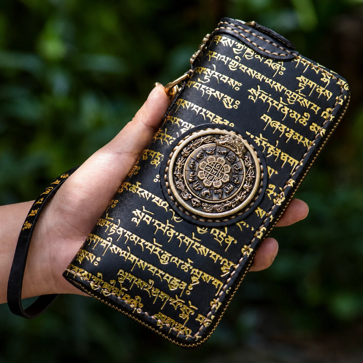 black Tibetan script biker wallet with detachable wrist strap