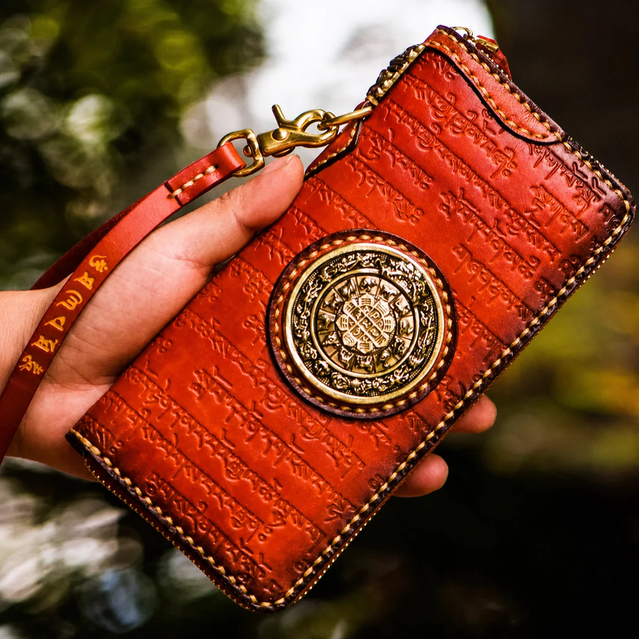 red-brown Tibetan script zodiac medallion leather wallet