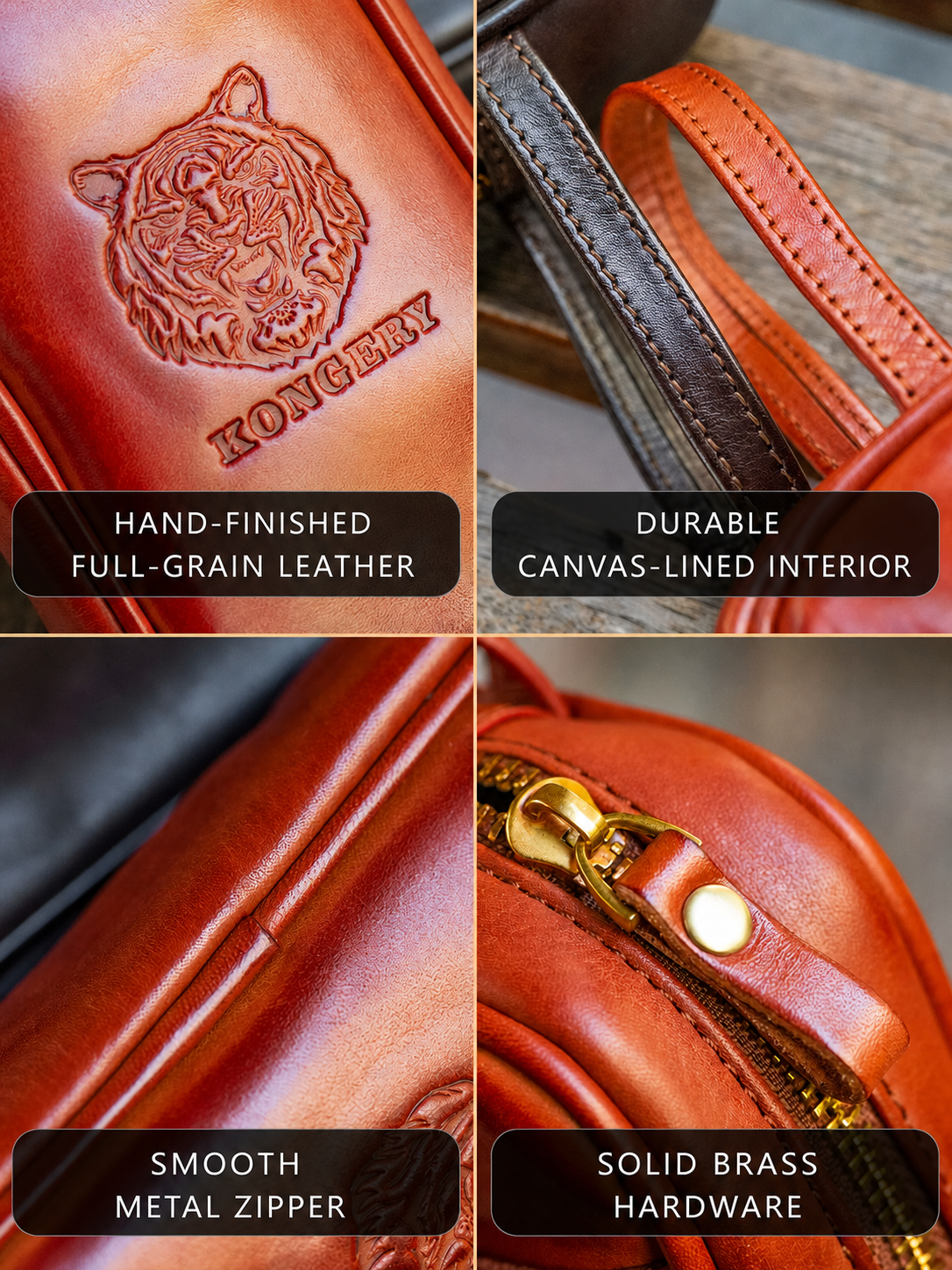 tiger biker wallet full-grain leather zipper and brass hardware details