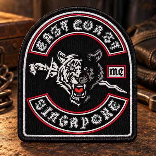 Solid tombstone-shaped biker memorial patch with a finished embroidered border.