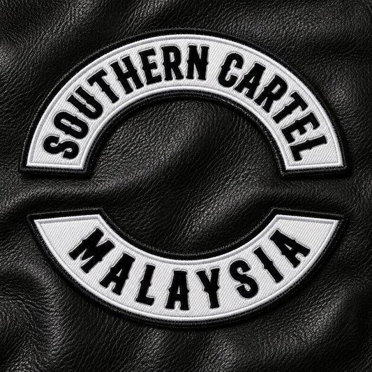 Custom motorcycle club top and bottom rocker patches.