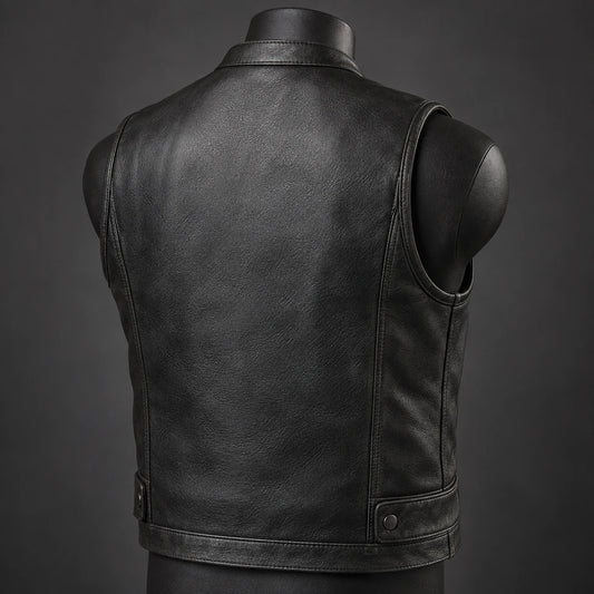Complete motorcycle club leather vest with a banded collar and clean upper-back construction.
